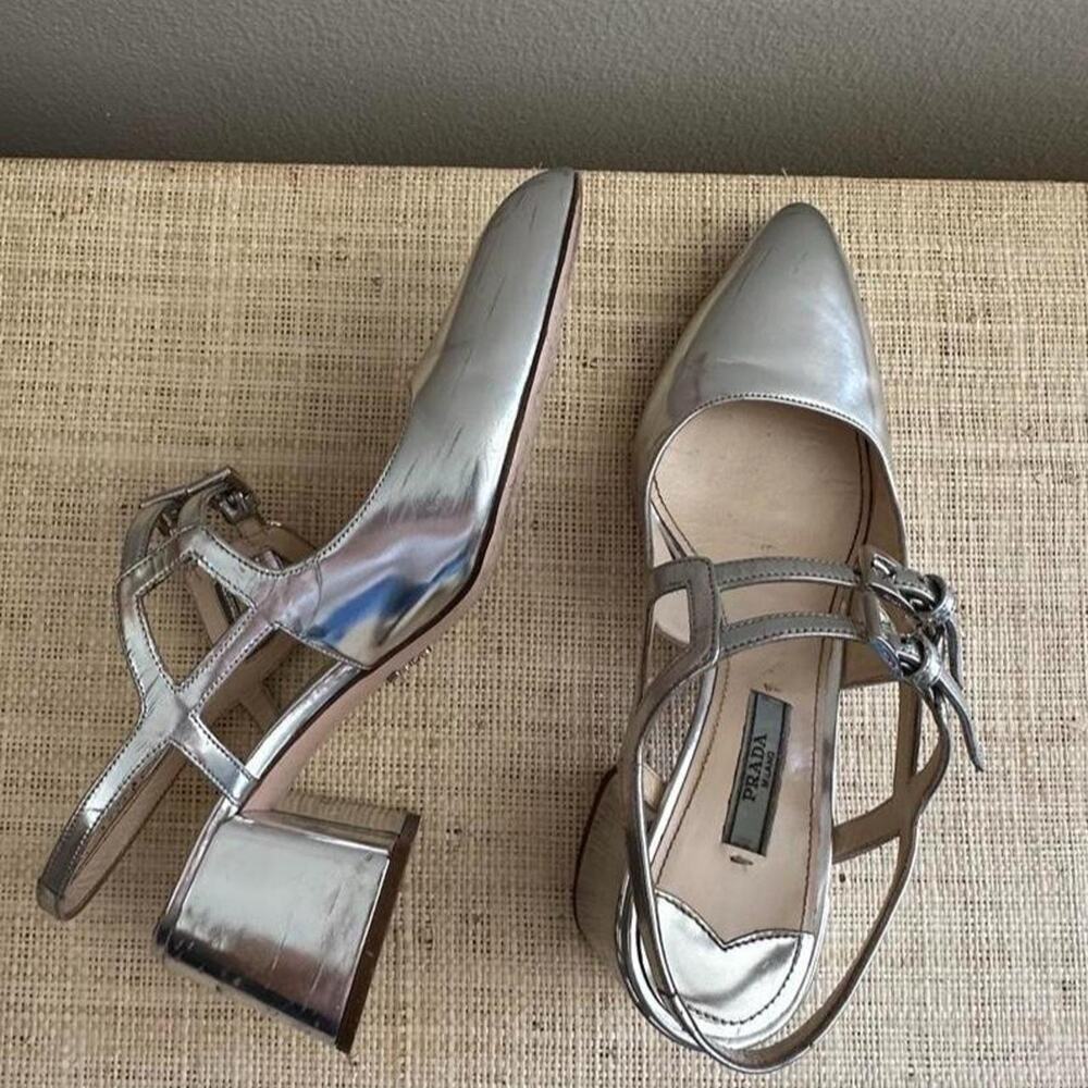 Prada silver metallic leather slingback